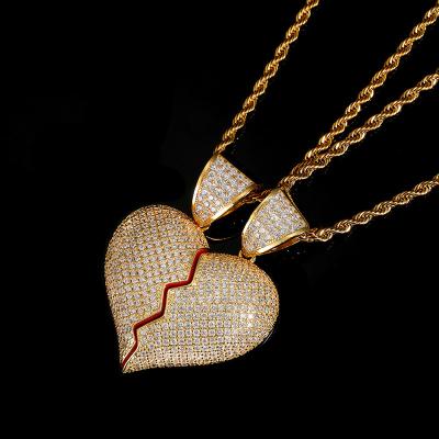 China New Hiphop Trend Hip Hop Two Half Broken Heart Combination Pendant With Zirconia Broken Heart Magnetite Attraction Couples Necklace for sale