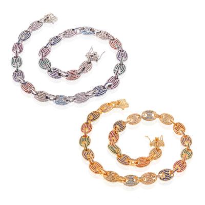 China Hiphop Hip Hop Culture Jewelry True Gold Plated Copper Micro Inlaid AAA Zircon 12mm Pig Nose Necklace Colorful Coffee Bean Chain for sale