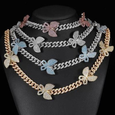 China Full Double Rough Diamond Hiphop Butterfly Cuba Batter Chain Micro Double Inlaid Zircon Butterfly Accessories Popular Jewelry Necklace for sale