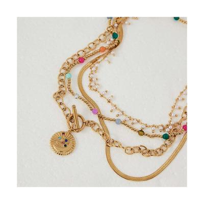 China 2022 New TRENDY CIS 18k Gold Plated Stainless Steel OT Buckle Design Chain Colored Zirconia Moon Star Coin Pendant Necklace for sale