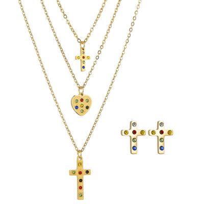 China 2022 Vintage New Dubai Stainless Steel 18K Gold Plated 3 Layers Triple Cross Heart Colored Zircon Jewelry Set Fashion Earring Necklace for sale