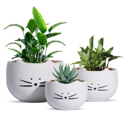 China Not Easy To Deform Cute Ceramic Planters Pots White Cat Flower Pot Cactus Succulent Plant Set Of 3 for sale