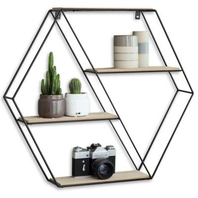 China (Other) Adjustable Hanging Kitchen Spice Rack Black Metal Hexagon Natural Wooden Wall Shelf for sale