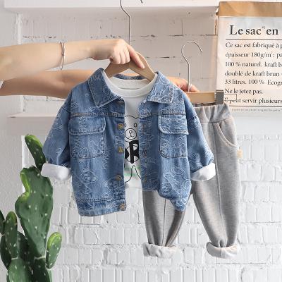 China New Style Casual Boys Casual Clothing Set Cartoon Jeans Jacket + T-shirt +Cargo Pants 3 Pcs Clothing Set For Kids for sale