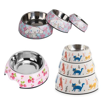 China Factory direct sales viable wholesale color stainless steel mixed melamine 5mm thick two-in-one pet cat dog food bowl for sale