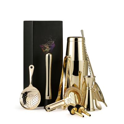 China Stocked Stainless Steel Cocktail Mixing Set Mounted Gold Bartender Set Bar Supplies Bar Tools for sale