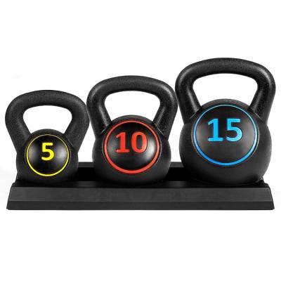 China Durable Fitness Cement Kettlebell Set With Stand Weights PE Grip Flat Low Gym Training Equipment for sale