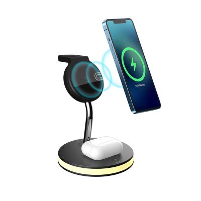 Cina New Magnetic Mobile Phone/Watch/Earphone Desktop Radio Charging LED15W Fast Charging 4 in 1 Wireless Charger Bracket Wireless Charging Stand in vendita