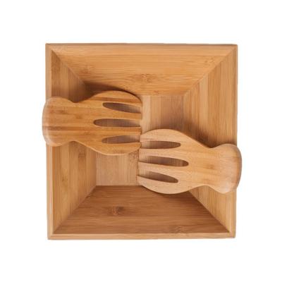 China Kitchen New Arrivals Bamboo Salad Bowl Set Sustainable Countertops Large Set With Serving Hands for sale