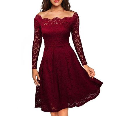 China Washable Women's Vintage Floral Lace Long Sleeve Boat Neck Cocktail Swing Dress For Party for sale