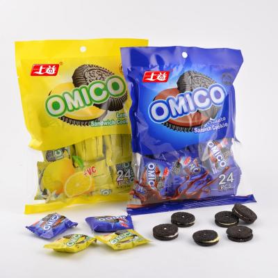 China OMICO Natural Halal Mini Cookies Sandwich Lemon Chocolate Cream Flavor Cookie for sale