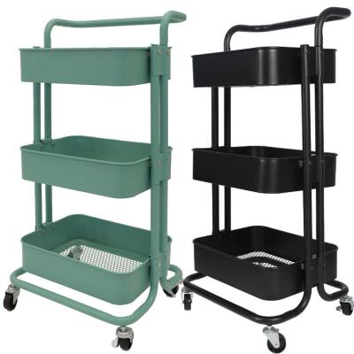 China Easy Movable Metal Mesh Handle And Lockable Wheels Storage 3 Tier Rolling Tool Food Cart For Office Kitchen Bar for sale