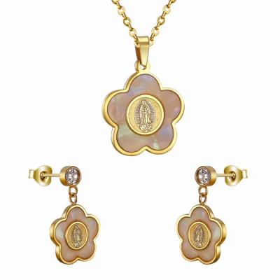 China Gold Plated Necklace And Earrings Stainless Steel Fashion Products Stainless Steel Flower Virgin Mary Jewelry Set for sale