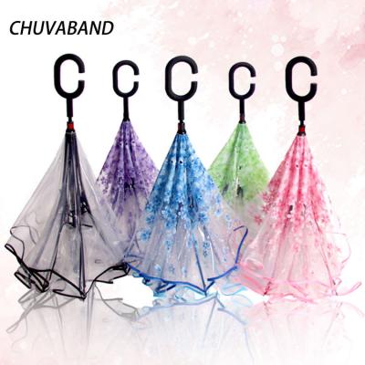 China Wholesale Luxury Morden CHUVABAND Sakura Flower Reverse Inverted Transparent Poe Umbrella With C Shape Handle Car Inverted Umbrellas for sale