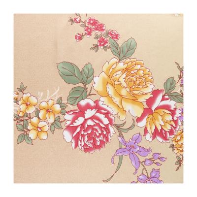 China Custom design anti-static customized 100% polyester woven yellow flower satin floral printed silk fabric for sale