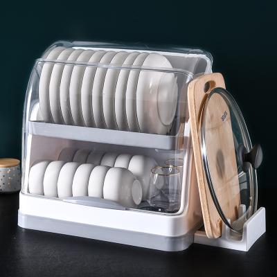 China Dish Rack Double Layer Kitchen Modern Plastic Dustproof Organizer Drying Rack Kitchen Tableware Bowl Chopsticks Dishes Storage Box for sale