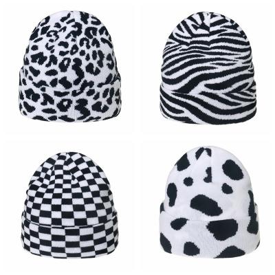 China COMMON Hotselling Winter warm Hat Adult Cow leopard Zebra check jacquard knitted  beanie men for sale