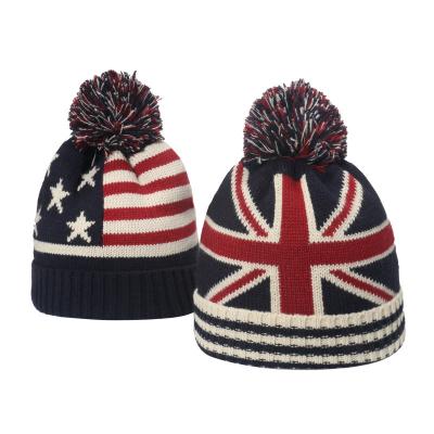 China COMMON Winter UK US Flag Star striped knitted hat Hairball warm knitted beanie for men and women for sale