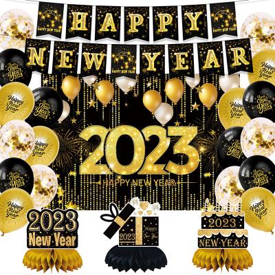 China Beautiful New Fashion Colorful Black Gold Decorative Balloons Party Decorations Banner Latex Balloons Set For 2023 New Year Decoration for sale