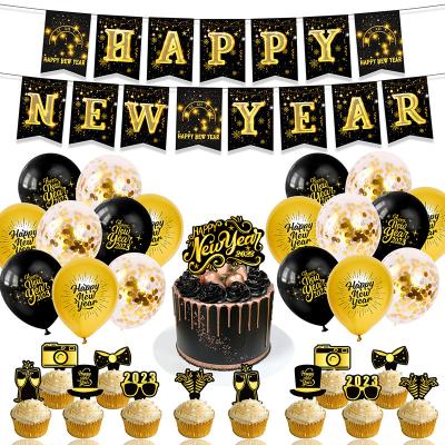 China Beautiful 2023 new year theme black gold colorful balloons set balloon for new year atmosphere party decorations latex balloon set for sale