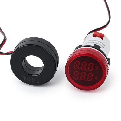 China Mini Round NIN 22mm Panel Digital Display Indicator Voltmeter Ammeter With Signal Light 2 In 1 Voltmeter V+A Meter AD101-22VAM for sale