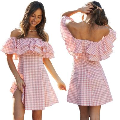 China Good Quality Anti-Static Women's New Style Plaid One-Shoulder Ruffle Collar Fashion Dress for sale