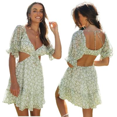 China Summer Anti-Static Casual Ladies V-Neck Short Sleeve Light Green Floral Dress for sale