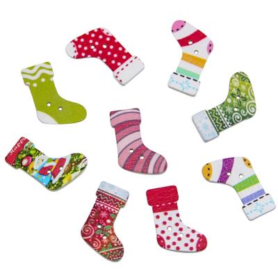 China Viable Colorful Christmas Stocking Socks Shape Printed Wooden Button Christmas Decoration Buttons for sale