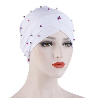 China Hot Sales Picture Wholesale Classic Turbans Hat Arabic Muslim Female Beaded Hair Turban Head Wrap Fashion Women With Pearl Hijab for sale