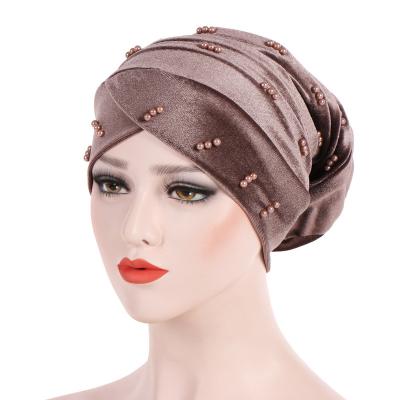 China 2022 High Quality Folding Picture Velvet Pearl Turban Hat Color Muslim Pure Indian Women's Scarf Hat for sale