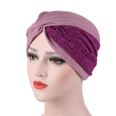 China Muslim Image Women Cross Ruffle Two Color Stitching Pleated Scarf Beanie Cap Hat Turban Hijab Hood Headwear for sale