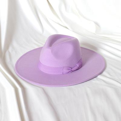 China Wholesale Custom Wholesale Custom 9.5m Character 9.5m Big Brim Hat Solid Color Rock Wide Beige Purple Jazz Jazz Top Felt Hat With Bow Bands for sale