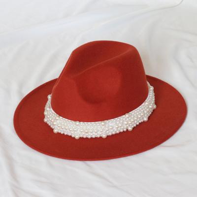 China Wholesale Custom Character Logo Pearl Banded Jazz Wide Rock Solid Color Panama Felted Hats Top Brim Felt Hat for sale