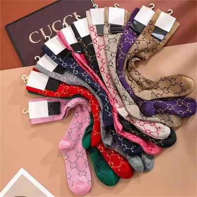 China Antibacterial wholesale high fashion brand double gg thongs 100% cotton women luxury designer long socks for sale