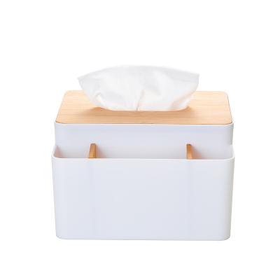 China Minimalist White Plastic Rectangle Plastic Tissue Holder Storage Bamboo Towel Box For Bathroom for sale