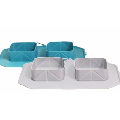 China Outdoor Folding Double Bowl Pet Travel Silicone Dog Bowl with Anti-slip Silicone Mat for sale