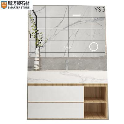 China Factory Direct Sale Stocked Italian Bathroom Sintered Stone Vanity Cabinet With Led Mirror for sale