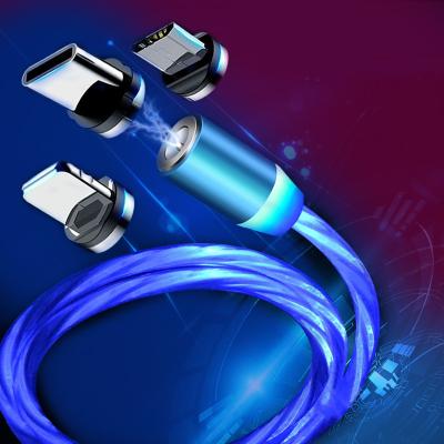 China Wholesale Cheap Mobile Phone LED Magnetic Fast 3 in 1 USB Charging Cable 1m 2m Fast Charging Cable 2.4A Flowing USB Light Cable for sale