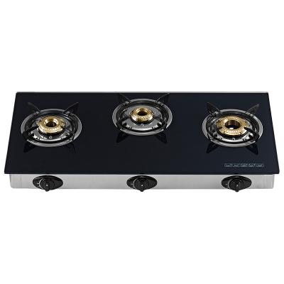 China Outdoor Household Kitchen Furniture Tempered Glass Stainless Steel Body Gas Cooking Stove with Three Burners for sale