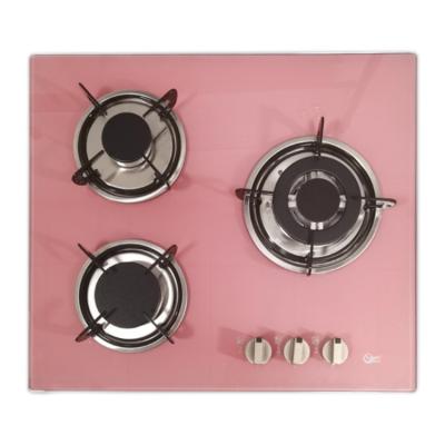 China Newest Designs Color Tempered Glass Surface Portable Pink Stove 3 Burner Gas Kitchen Hob for sale