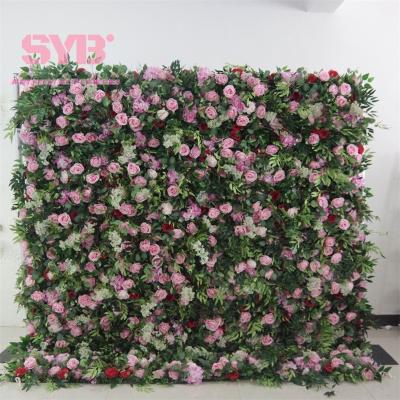 China Hot Sale Realistic Wedding Decor Artificial Flowers Panel Roll Back Fabric Rose Large Artificial Fabric Flower Wall Backdrop for sale