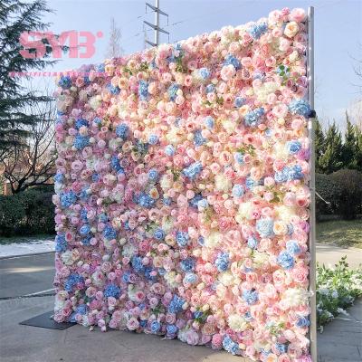 China Realistic 3D/5D Artificial Flowers Wedding Decor Flower Rolled Up Flowerable Red-Pink White Color Artificial Fabric Flower Wall Backdrop for sale