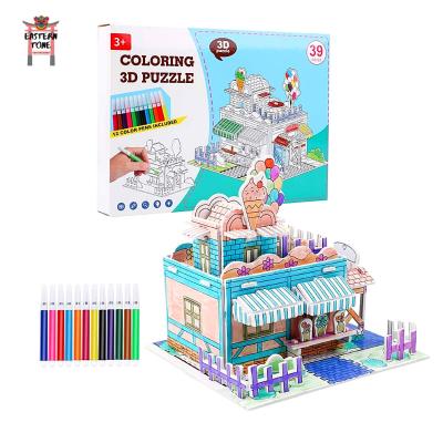 China DIY Paint 3D Puzzle Wholesale 3D Ice Cream Shop Coloring Puzzle with 12 Watercolor Pens, DIY Art Drawing Creative Toys for Kid Toddlers Boys Girls for sale