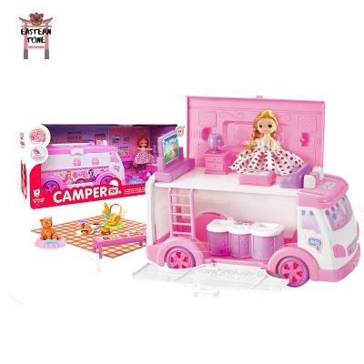 China High Quaity Hot Sale Dollhouse Play Set Portable Bus Toy Caravan Camper Kit with Doll Girl's Kitchen Toy Motorhome Pretend Play Toy for sale