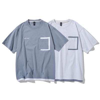 China Anti-Wrinkle Oversize Men's T-shirt Colorblock Fake Short Sleeve Pocket T-shirt Men's Logo Two-Piece T-Shirt for sale