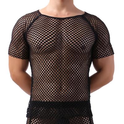 China Viable Custom Made Men's Sexy Short Sleeve Nightclub T-Shirts Mesh See-Through Costume Fish Net T-Shirt for sale