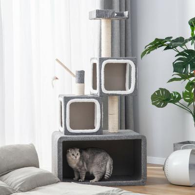 China Wholesale Modern Concise Stocked Style Cat Furniture Wooden Cat Scratcher Cat Tree for sale