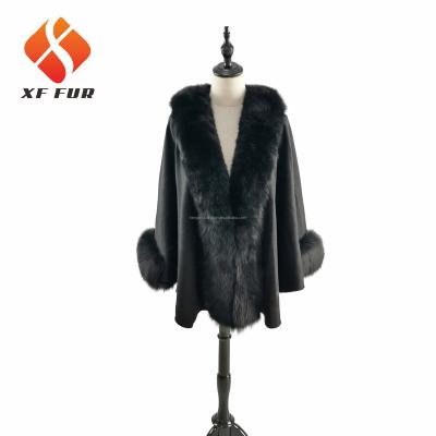 China Fox Fur Hot Sale Winter Fashion Women's Cashmere Cape With Fox Fur Trim for sale