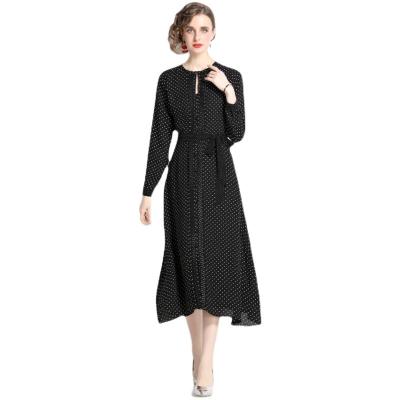 China XC5684088 Hepburn French Anti-wrinkle Coffee Break Skirt Temperament Polka Dot Chiffon Long Sleeve Dress Waistline One-Line Skirt for sale