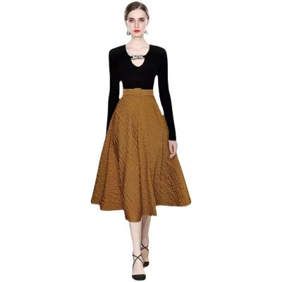 China Anti-pilling Product New 2022 Long Sleeve Hollow Warp Knitted Swing Top + Tall Dress Set HJW9539078 for sale